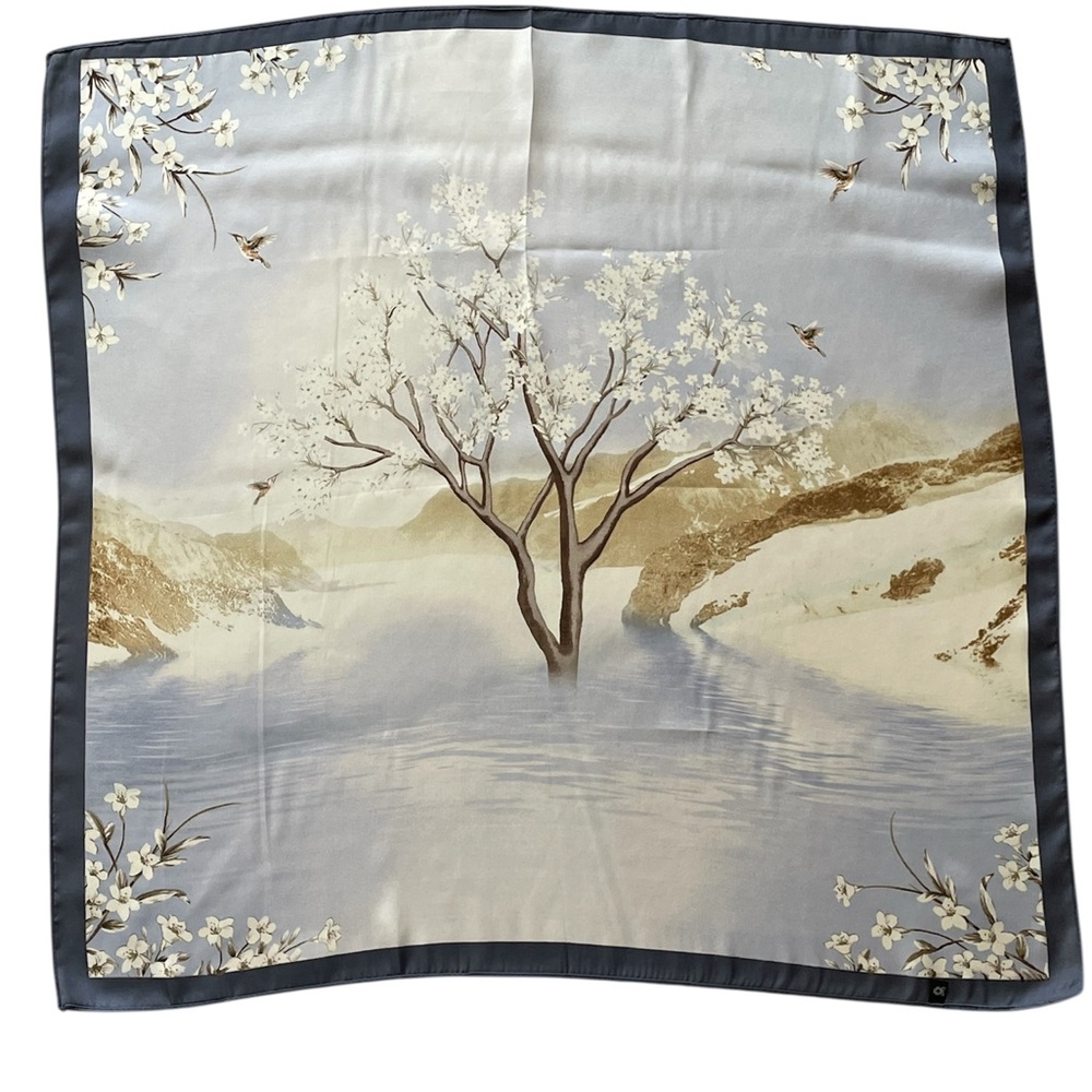 Serene silky square scarf headband flowering tree and birds winter background